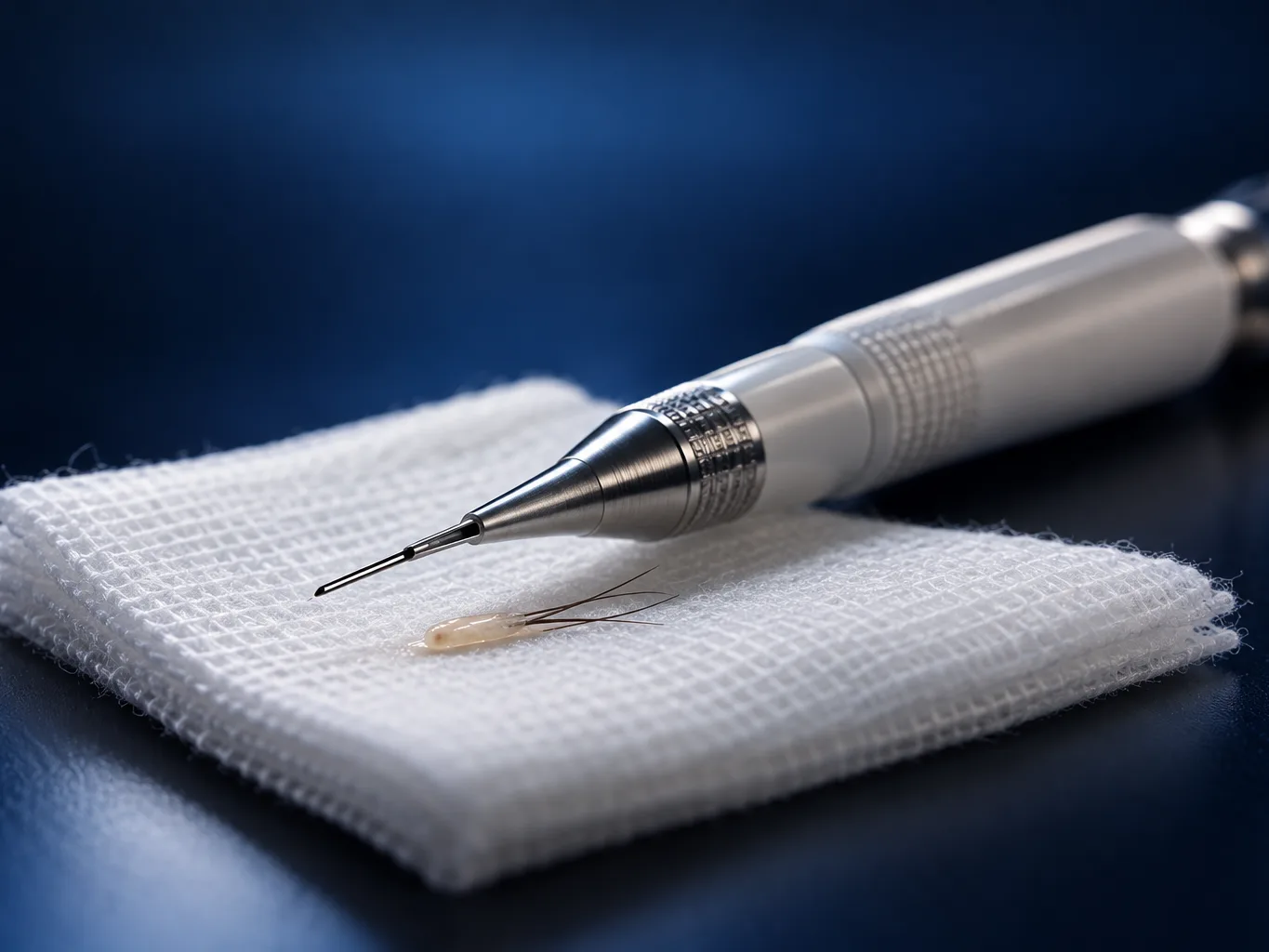 DHI implanter pen beside a single hair graft on sterile gauze