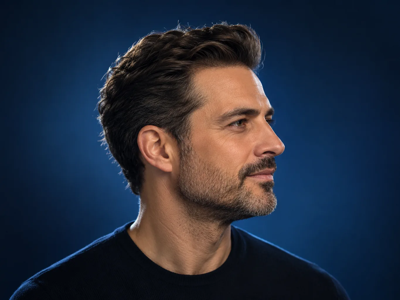 Man with a natural, well-defined hairline in soft studio light